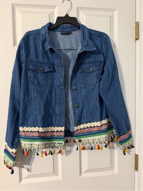 The Pyramid Collection Womens L Denim Blue Fringe Trim Jean Jacket